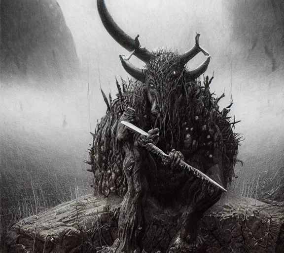 Image similar to minotaur beksinski, wayne barlowe, adrian smith fantasy art, the hobbit art, lord of the ring art, the witcher concept art, trending on artstation, game of throne art