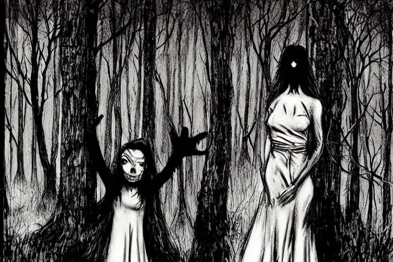 Image similar to mad girl wandering the woods hand in hand with shadow figure artwork by ben templesmith