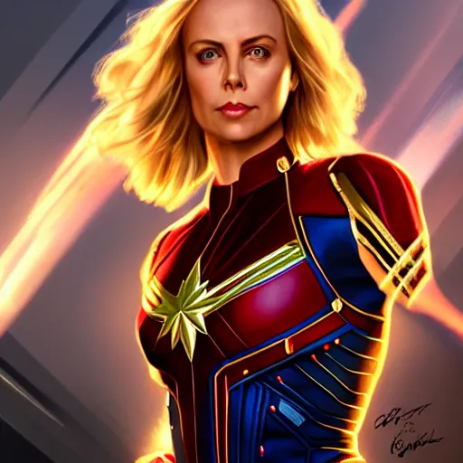 Prompt: Charlize Theron As Captain Marvel, artists portrait, fantasy, highly detailed, digital painting, concept art, sharp focus, depth of field blur, illustration, art by artgerm and greg rutkowski and alphonse mucha