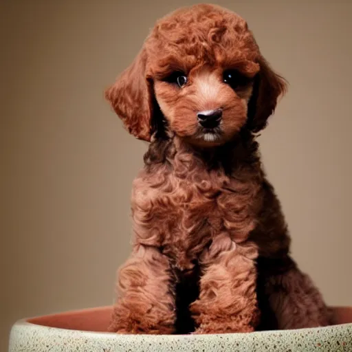 Image similar to very realistic cute light brown poodle puppy sitting inside a tea cup