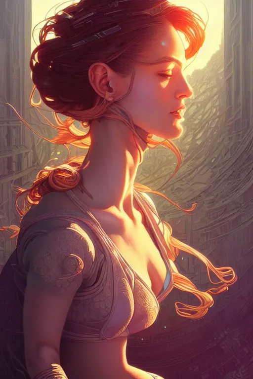 Image similar to beautiful female android!, half portrait, background explosion, intricate detailed environment, cell shaded, floro details, intricate, elegant, highly detailed, digital painting, artstation, concept art, smooth, sharp focus, illustration, art by artgerm and greg rutkowski and alphonse mucha, laurie greasley