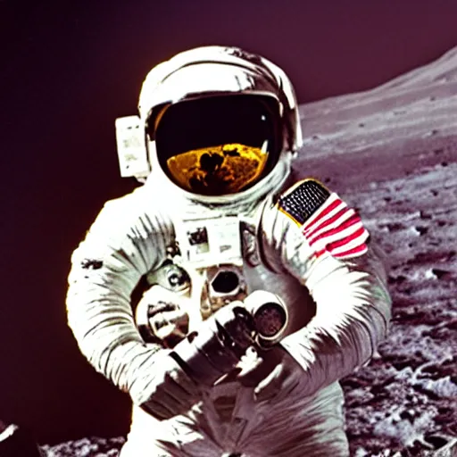 Image similar to photo of a mercury astronaut suit holding an electric guitar on the moon. detailed