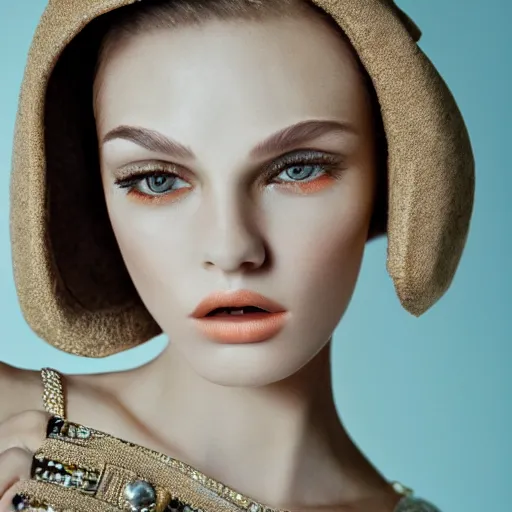 Prompt: close up of face of female fashion model, art - deco style, beige colors, official vogue editorial, highly detailed