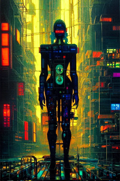 Image similar to beautiful cyberpunk oil painting, perfect lighting. professional design, intricate complexity, by dan mumford and by alberto giacometti, peter lindbergh, malevich, william stout