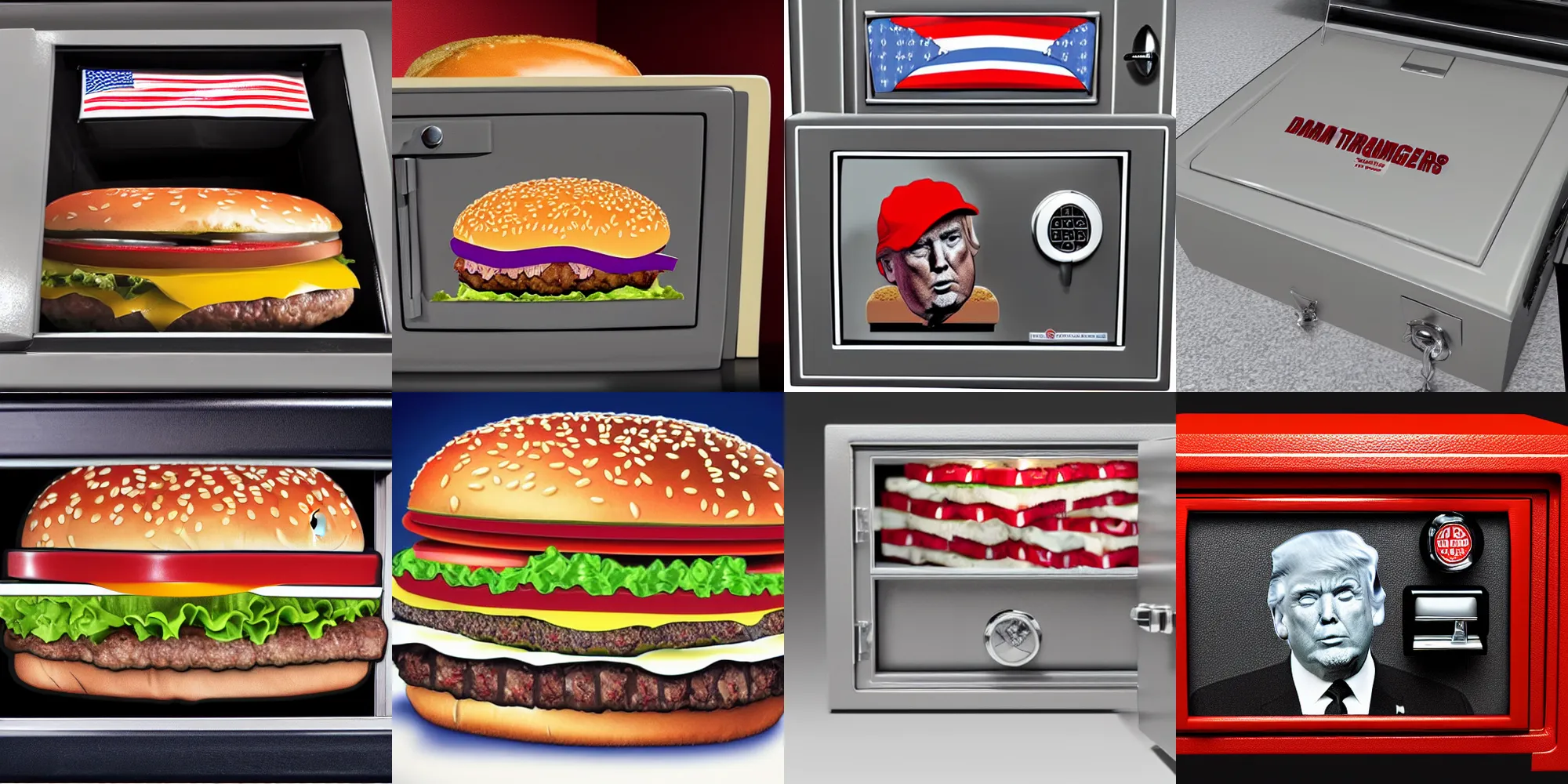 Image similar to a large safe with hamburgers and donald trump inside. detailed. hd.