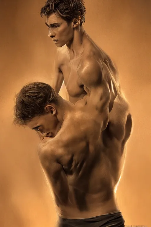 Image similar to stunningly handsome, male ballet dancer in jungle, symmetrical face, golden hour, smooth, focus, highly detailed, hyper realistic, dramatic lighting, elegant, intricate, concept art, art by wlop, mars ravelo, greg rutowski, artstation