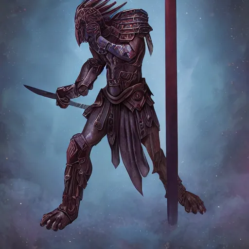 Prompt: the necro sword and of its might being held by a spartan from another planet, full body portrait, highdetailed,