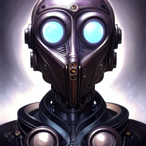 Image similar to front shot of a cyberpunk gazmask robot character, intricate, elegant, highly detailed, centered, digital painting, artstation, concept art, smooth, sharp focus, illustration, artgerm, Tomasz Alen Kopera, Peter Mohrbacher, donato giancola, Joseph Christian Leyendecker, WLOP, Boris Vallejo