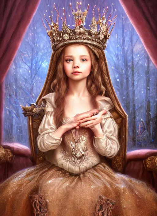 Image similar to highly detailed closeup portrait of a fairytale medieval princess wearing a crown and sitting on a throne, unreal engine, nicoletta ceccoli, mark ryden, earl norem, lostfish, global illumination, god rays, detailed and intricate environment