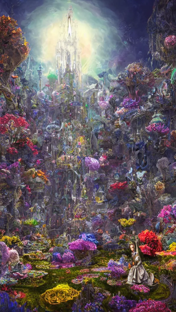 Image similar to a centered render of intricate modular synthesizer of alice in wonderland, shining its light across a tumultuous sea of flowers, undersea animals and gothic crystal church and mutant robots and vintage house tunnels by dorothea tanning and salvador dali, trending on artstation, cyber punk, high contrast, unreal engine, high detailed, 8 k