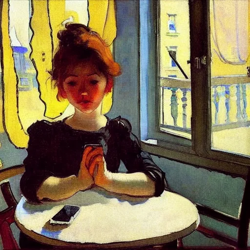 Image similar to a girl with iphones on a table sits at a table in a sunny room, the window is open, by valentin serov