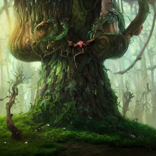 Prompt: a magic talking tree ent with a face in it, with a moustache, fantasy concept art, oil painting, hyperrealistic, highly detailed, artstation, cgsociety