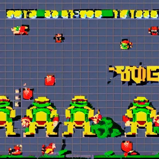 Prompt: teenage mutant ninja turtles in new york, 8 - bit style, video game.