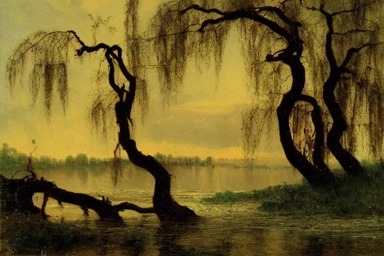 Image similar to oil painting of a willow tree next to a raging river by albert bierstadt