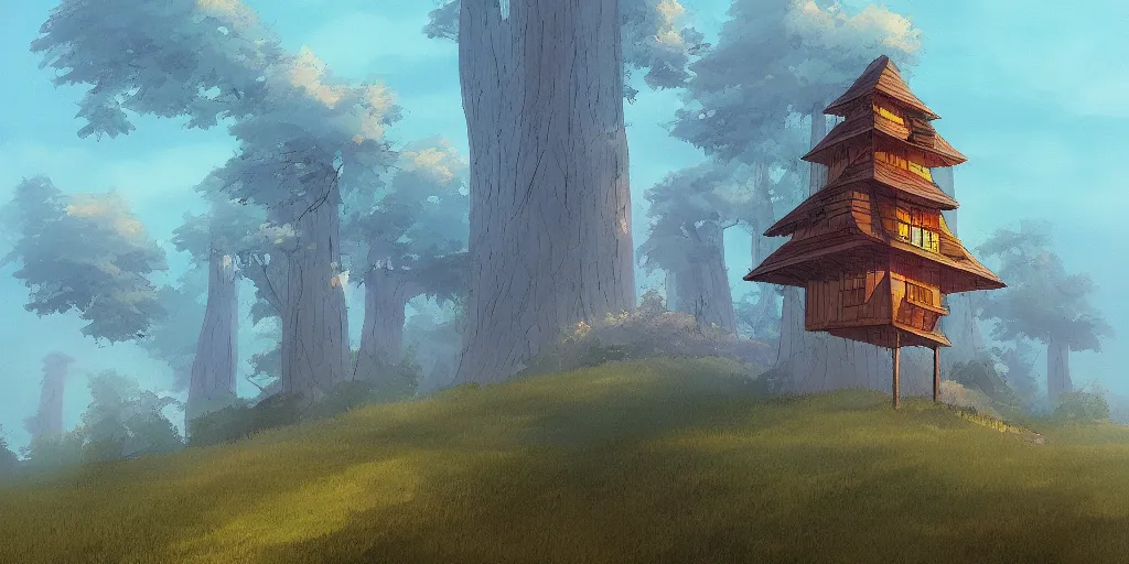 Image similar to dawn behind a very high tower made of wood, on the top of a summer hill, forest, painted by miyazaki, ghibli, artstation