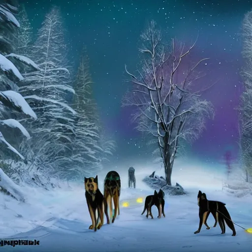 Image similar to a winter scene at night, northern lights, dog sled team, matte painting, high quality, trending on artstation