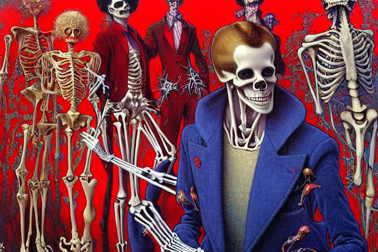 Image similar to realistic detailed closeup portrait painting of a single skeleton wearing red velvet blazer in a crowded futuristic moscow street by Jean Delville, Amano, Yves Tanguy, Alphonse Mucha, Ernst Haeckel, Edward Robert Hughes, Roger Dean, rich moody colours, blue eyes