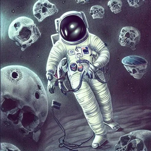 Prompt: An astronaut alone inside a dark ballroom filled with piles of human skulls by Jim Burns