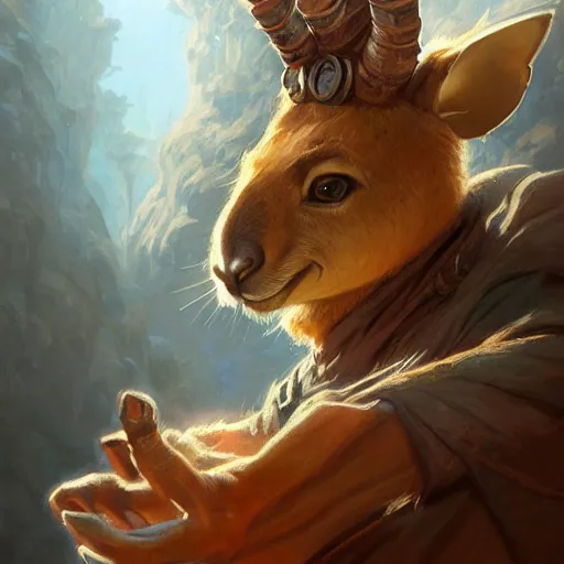 Prompt: a detailed portrait of a kangaroo wizard, by justin gerard and greg rutkowski, digital art, realistic painting, dnd, character design, trending on artstation