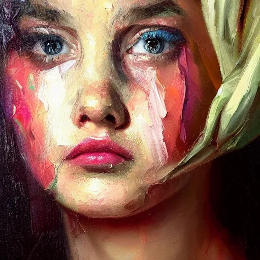 Prompt: palette knife oil painting portrait of a girl in a room, extreme detail, liminal aesthetic, artgerm, deviant art, octane, substance, art history 8 k