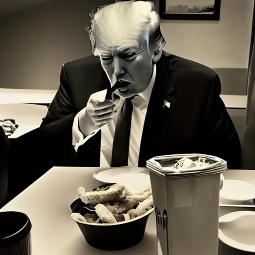 Image similar to Donald Trump eating McDonalds at a table, night vision, trail cam footage