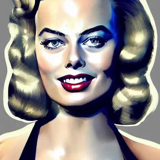 Image similar to Margot Robbie as a pinup girl, digital art, hyperrealistic