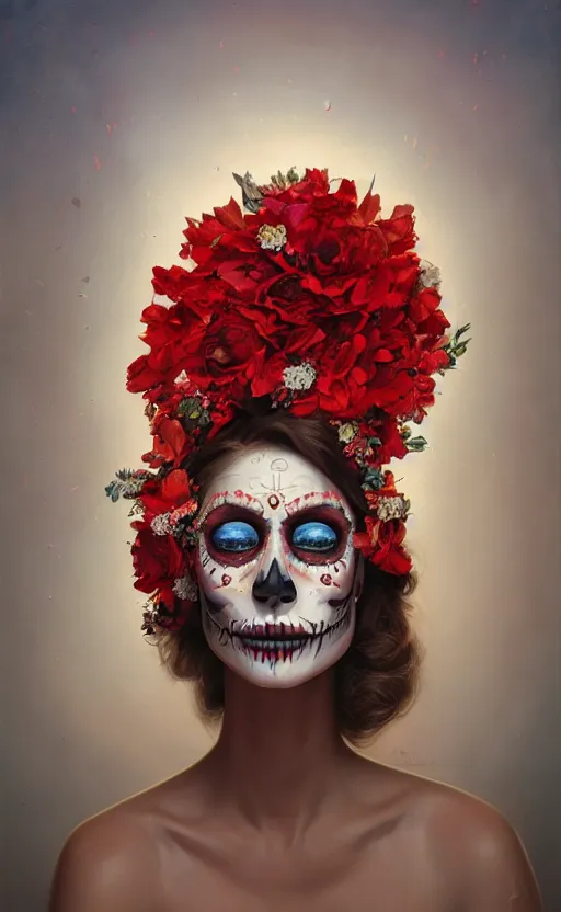Prompt: a red oil painting hyperrealism of a beautiful woman on a white background, flowers, dia de los muertos makeup, floral headdress, 8 k resolution, octane render, trending on artstation, by gediminas pranckevicius, volumetric light 2 blue fractal thunder glow by dan mumford, anaglyph effect, laurie lipton