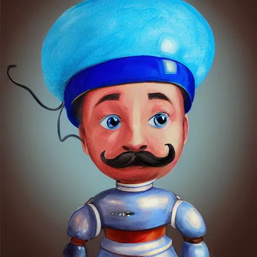 Image similar to Cute round blue robot with mustache and french beret holding a brush, portrait, photorealism