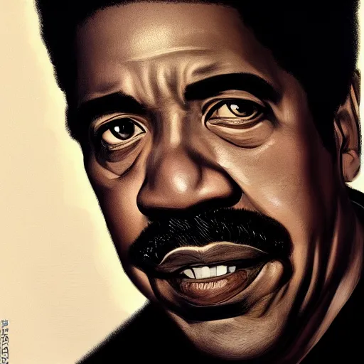 Image similar to closeup portrait of richard pryor, dramatic lighting, city background, chiaroscuro, high detail, painted by greg rutkowski, trending on artstation