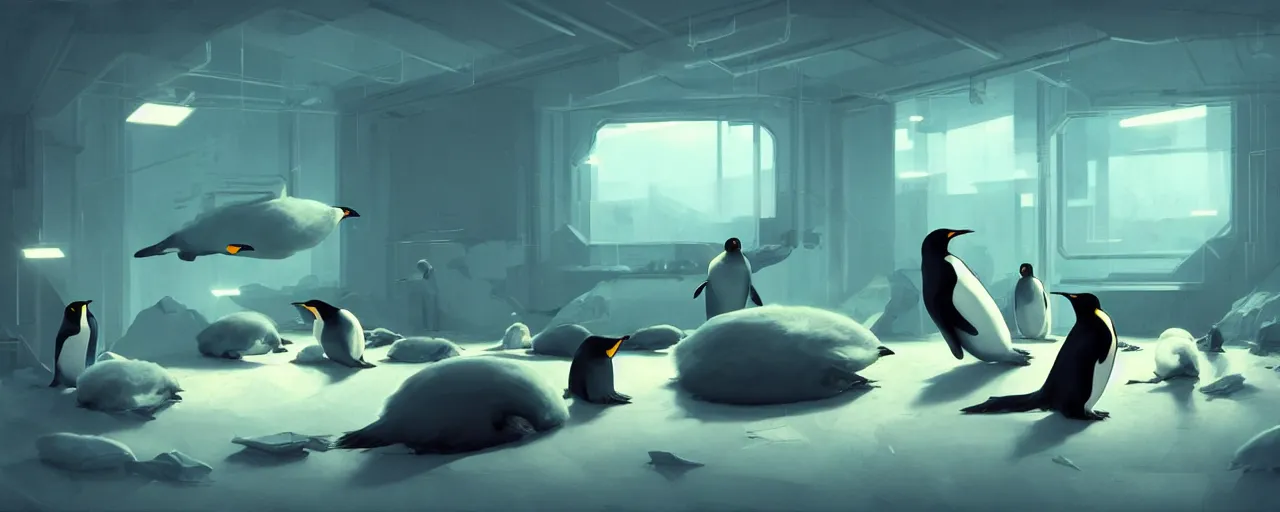 Image similar to duotone concept illustration of emperor penguins in modern computer room. cinematic scene. volumetric lighting. golden ratio accidental renaissance. by sachin teng and sergey kolesov and ruan jia and heng z. graffiti art, scifi, fantasy, hyper detailed. octane render. concept art. trending on artstation