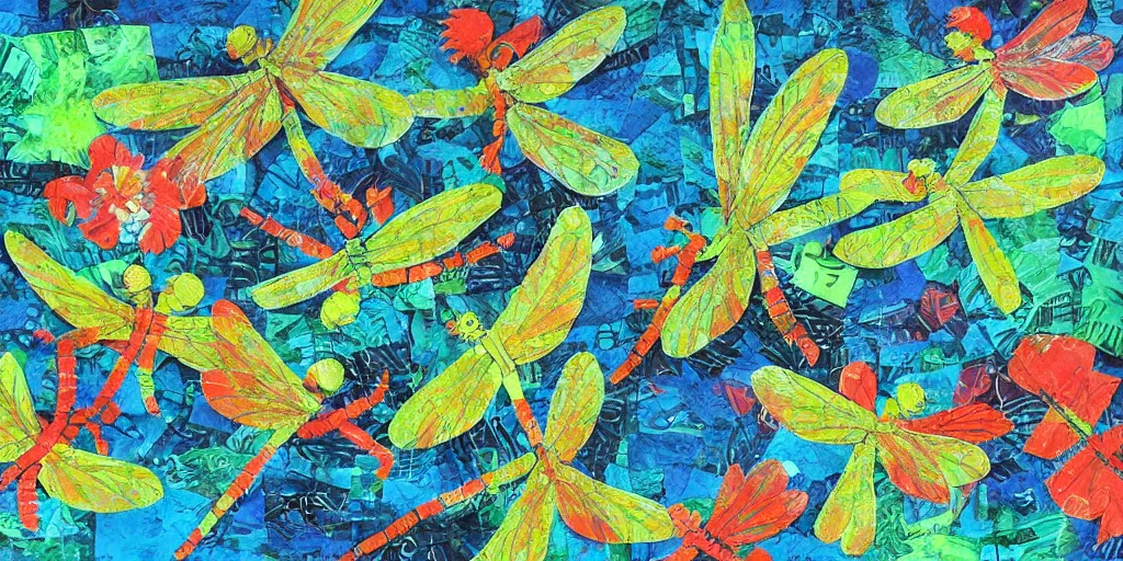 Prompt: dragonfly swarm dancing in the calm summer air above a peaceful stream. hand - painted collage cut paper. by eric carle