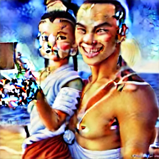 Image similar to beautiful serene intricate portrait of sokka and suki taking a selfie, smiling softly, relaxing on the beach, golden hour, soft focus, 8 k, art by irakli nadar, hyperrealism, hyperdetailed, ultra realistic