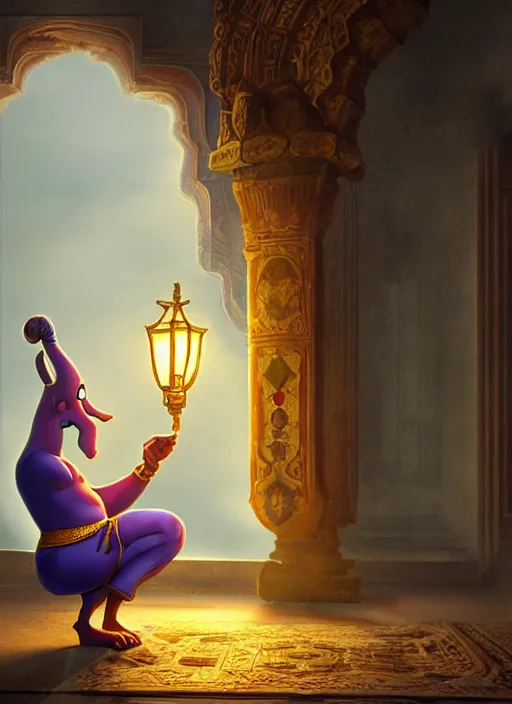Prompt: genie coming out of his lamp in the middle of a palace . by AquaSixio, hyperrealistic illustration, digital art, 4k, very detailed faces