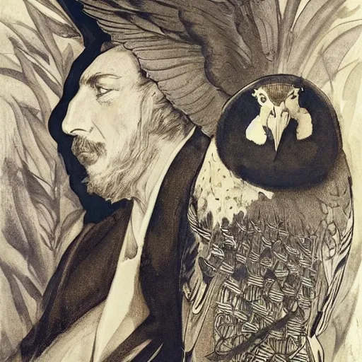 Image similar to A beautiful experimental art of a man, with an animal skull for a head, and a large bird perched on his shoulder. The man is looking up at the bird with a fierce expression, and the bird is looking back at him with what seems to be an equally intense gaze. by Jessie Willcox Smith, by Edward Weston atmospheric