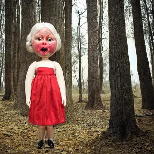 Prompt: a large realistic doll that looks like an old woman with nutcracker mouth in a dark forest, red laser eyes cut down trees, horror