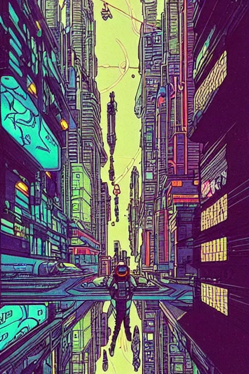 Prompt: A picture of an astronaut in a upside down cyberpunk city by moebius, neon lights, surreal