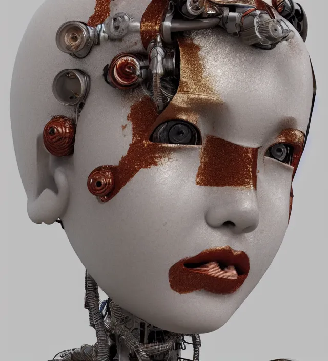 Prompt: portrait of a slightly rusty beautiful japanese robotic geisha with wires and actuators, porcelain white face, dramatic lighting, hyper - realistic, ultra - realistic, intricate details, japanese model, 8 k ultra high definition, octane render