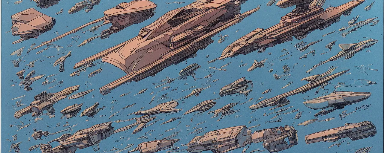 Image similar to spaceship concepts, illustration by moebius