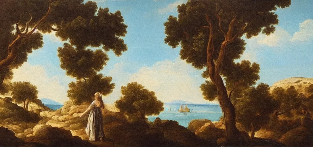 Image similar to 1 7 th century oil painting of a greek island! dreamy! landscape! olive trees!! woman in a long white dress silhouette!! in the distance on the island! blue sea!!