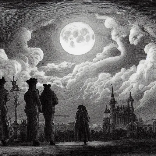 Prompt: Drawing of the city Mainz, gentleman, victorian ladies, dramatic clouds, moon, depth, Chiaroscuro, illustration by Gustave Doré