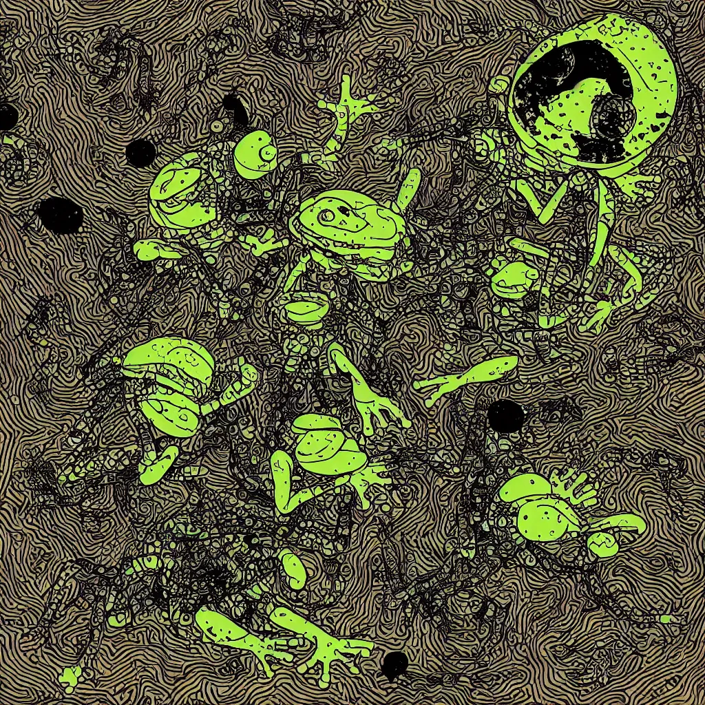 Prompt: toad head, ryuta ueda artwork, breakcore, technical, abstract, interference, computers, vectors, gloom, space, frequency, subtle glitches, frogs, amphibians, geometry, data, minimal, code, cybernetic, style of jet set radio, dark, eerie, cyber