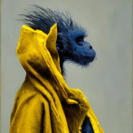 Image similar to long - eared monkey - crow creature wearing a raincoat, tonalist painting, prussian blue and azo yellow, dramatic lighting