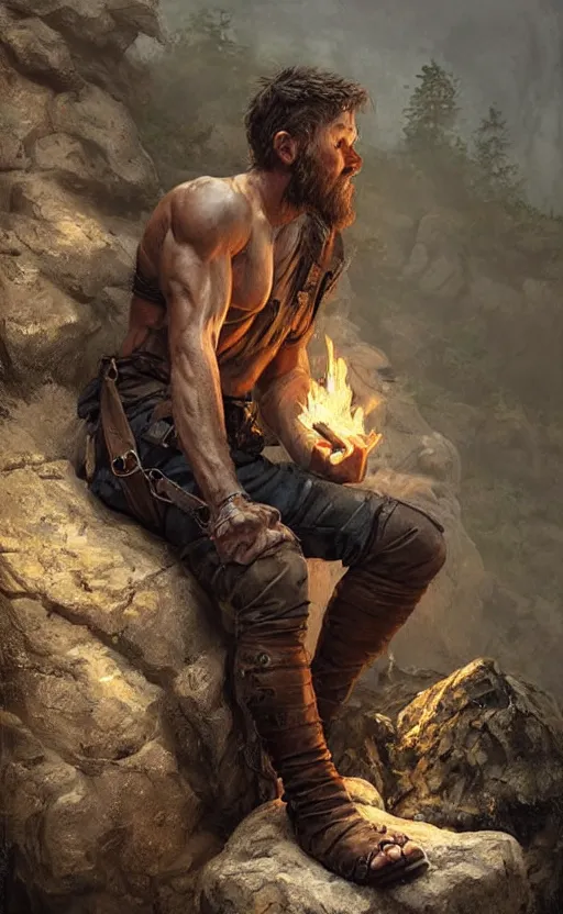 Image similar to Portrait of a rugged ranger sitting down on a rock by a fire, male, muscular, straight nose!!!, detailed face, handsome face, bare thighs!!!, simple clothing!!!!!, fantasy, medieval, highly detailed, cinematic lighting, digital art painting by greg rutkowski