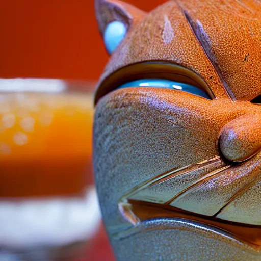 Prompt: a closeup photorealistic photograph of an orange cat garfield style tiki mug sitting at a trader vic's bar featuring garfield's face. tiki party. bright scene. fine detail. this 4 k hd image is trending on artstation, featured on behance, well - rendered, extra crisp, features intricate detail, epic composition and the style of unreal engine.