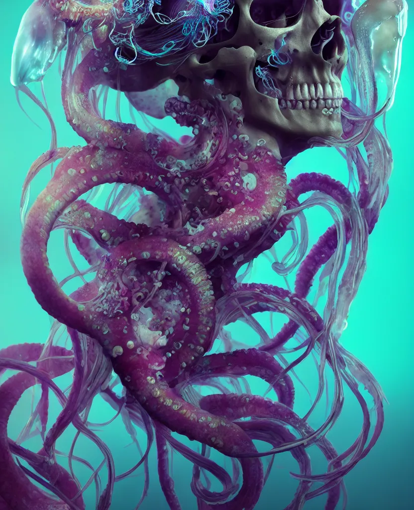 Image similar to goddess close - up portrait human skull, ram skull, squid phoenix jellyfish, orchid, betta fish, bioluminiscent, intricate artwork by tooth wu and wlop and beeple. octane render, trending on artstation, greg rutkowski very coherent symmetrical artwork. cinematic, hyper realism, high detail, octane render, 8 k