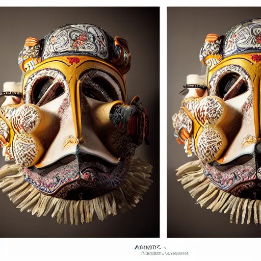 Prompt: portrait photography of tyrolean folklore masks, studio lighting, by Annie Leibovitz, fujifilm x100v, s1.4, 8k, high quality