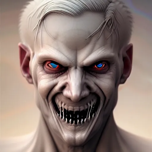 Image similar to Pale-skinned man with a pinched face, crazed eyes, and a strained toothy grin smile. He has short blond unwashed hair. He wears a stained white cultist robe. Epic fantasy art, award winning on Artstation, intricate, elegant, highly detailed, digital painting, concept art, smooth, sharp focus, illustration, art by artgerm and greg rutkowski and alphonse mucha