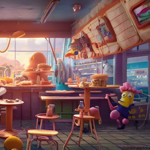 Image similar to hyperrealistic spongebob eating at the krusty krab, stunning 3 d render inspired by istvan sandorfi & greg rutkowski, perfect symmetry, dim volumetric cinematic lighting, 8 k octane comprehensive render, extremely hyper - detailed attributes & atmosphere, intricately proportional, realistic flesh texture, masterpiece, artstation, stunning,