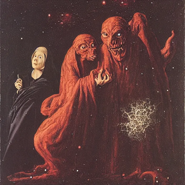 Prompt: a goblin monster and a woman in a black cloak, in a nebula, by Jan van Eyck