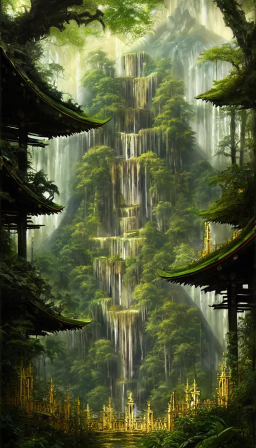 Prompt: gothic towers, Japanese shrine waterfall, gold and gems, lush vegetation, forest landscape, painted by tom bagshaw, raphael lacoste, eddie mendoza, alex ross concept art matte painting